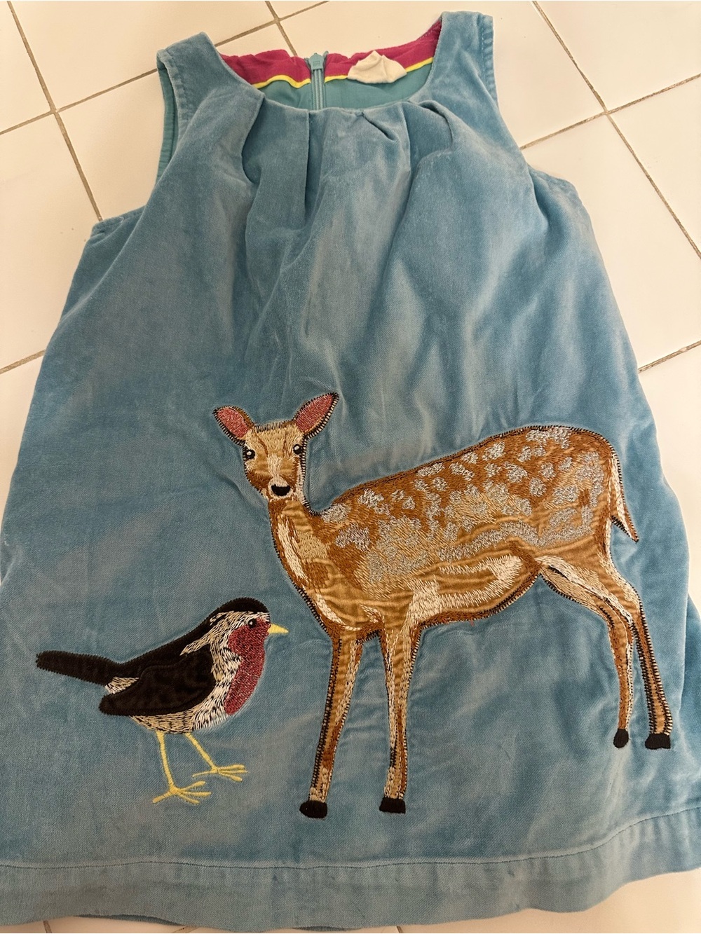 Mini boden Blue green  Velvet Girls Dress with Deer & Bird Appliqué (2-3T)